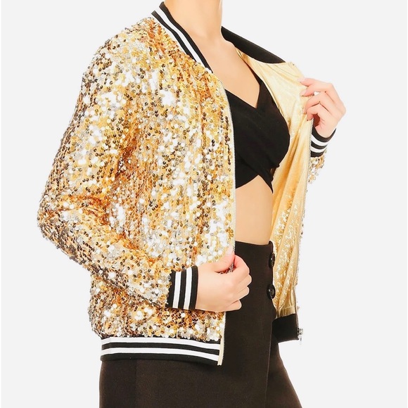 GOLD SEQUENCE DAZZLING BOMBER JACKEY by Anna Kaci. Front Zipper Closure. - Picture 8 of 14